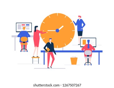 Time management - flat design style colorful illustration on white background. A composition with business team, male, female colleagues working at the computers in the office, image of big clock