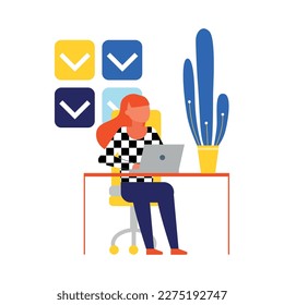 Time management flat icon with female office worker planning her schedule vector illustration