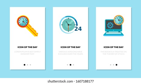 Time management flat icon set. Key, work with laptop or application, twenty-four-hour. Timing, planning, schedule concept. Vector illustration symbol elements for web design