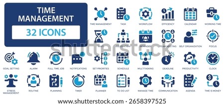 Time management flat icons collection. Task, workflow, wait, routine, reminder, efficincy, agenda, schedule, manage time, delegation sign set.