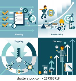 Time management flat icons with planning productivity targeting efficiency isolated vector illustration