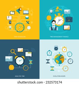 Time management flat icons set with task scheduling time management finance analysis evolution hours isolated vector illustration