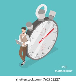 Time management flat isometric vector concept. Stylish young man is standing with his laptop near the stopwatch leaning at it.