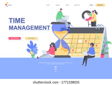 Time management flat landing page template. Developers team planning weekly schedule tasks on calendar situation. Web page with people characters. Work organization and efficiency vector illustration