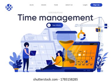 Zeitmanagement-flache Landungsseite. Mitarbeiter planen ihre Arbeit und Aufgaben mit Kalendervektorgrafik. Zeitmanagement und Effizienz-Website-Zusammensetzung mit Personen Zeichen.