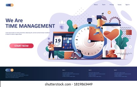 Time management flat landing page template. Effective planning workflow and performing tasks web banner. Adherence to deadlines and high work 3d composition. Web page vector illustration.