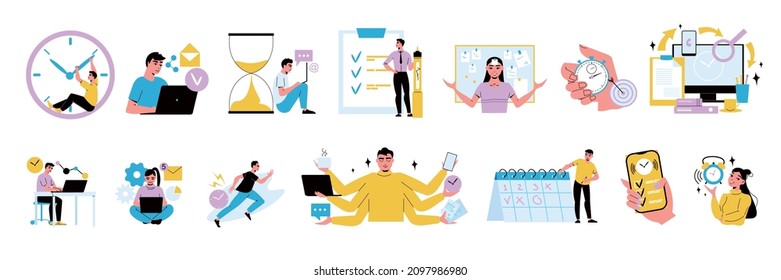 Time management flat set of multitasking hourglass stopwatch work schedule icons and people planning business process isolated vector illustration