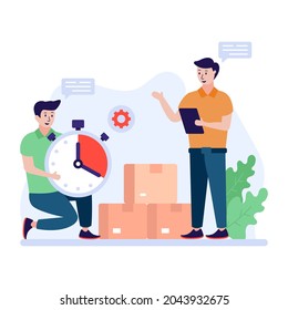 Zeitmanagement-flacher Vektor mit Avataren, die Pakete bearbeiten 