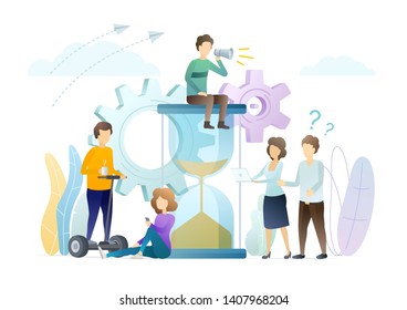 Time management flat vector concept illustration. Workflow optimization. Working process control. Procrastination and wasting time problem. Timeliness and deadlines respect. People and hourglass.