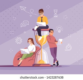 Time management flat vector illustration. Freelancers working with laptops characters. Students studying together. Programmers, designers. Deadlines, timeliness. Young people with hourglass concept