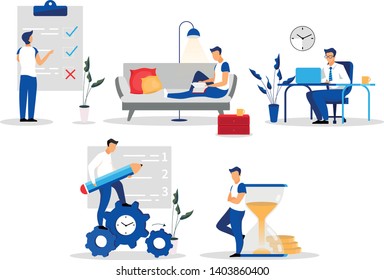 Time management flat vector illustrations set. Workflow optimization, multitasking. Office workers, managers, entrepreneurs,  businessmen. To do list, work planning  isolated cartoon characters