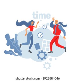  time management. Flat-style illustration with people with gears, clocks, notepad and calendar