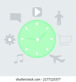 time management in the form of a green clock around which icons of things to do