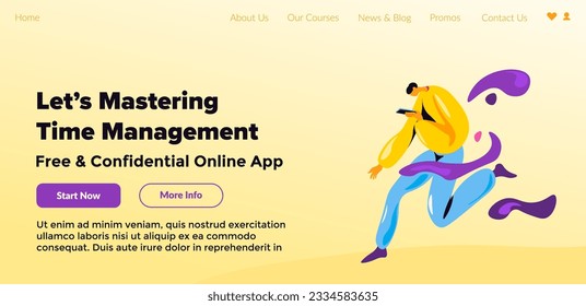 Time management free and confidential online application for your work productivity tracking and results traceability. Start now and get info. Website page, landing site template. Vector in flat style