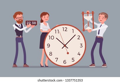 Time management giant clocks and business people. Manager controls employees working well, do tasks productively, organizing skills help to spend hours in the office effectively. Vector illustration