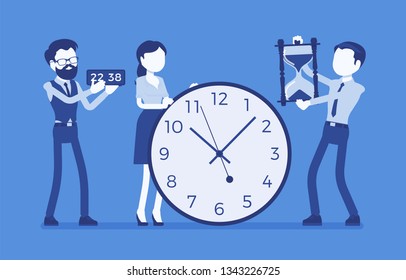 Time management giant clocks, business people. Manager controls employees working well, do tasks productively, organizing skills help to spend hours in office. Vector illustration, faceless characters