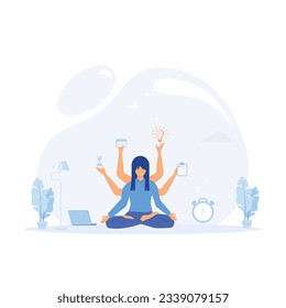 Time management. Girl with many arms sits in the Yoga  position and doing many tasks at the same time.  flat vector modern illustration 