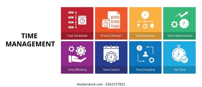 Time Management Glyph Solid Banner Web Icon Set Vector Illustration
