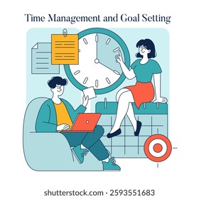 Time Management and Goal Setting concept. Illustrates individuals engaged in planning and prioritization for career success. Highlights the importance of effective time use alongside goal creation as