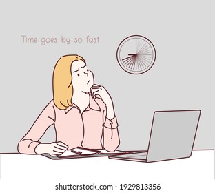 Time management, time goes by so fast. Work delay or project deadline. Hand drawn in thin line style, vector illustrations.