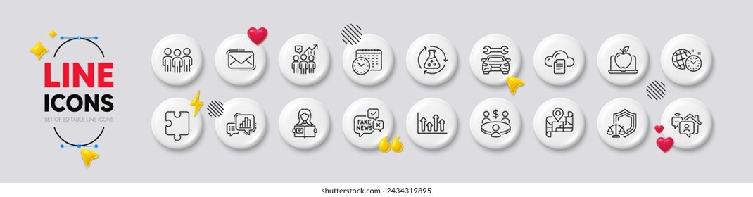 Time management, Graph chart and Car line icons. White buttons 3d icons. Pack of Fake news, Puzzle, Woman read icon. Laptop, File storage, Business statistics pictogram. Vector