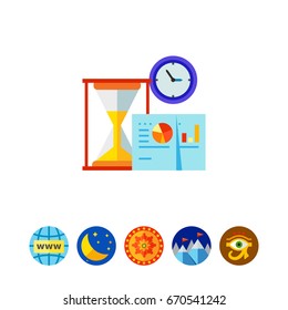 Time management graphs, clock, sandglass