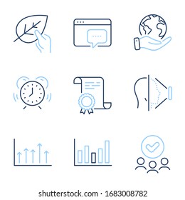 Time management, Growth chart and Organic tested line icons set. Diploma certificate, save planet, group of people. Column chart, Face id and Seo message signs. Vector