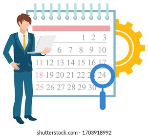 Zeitmanagement, Mann steht in der Nähe des Kalenders mit Lupe an einem bestimmten Datum. Vektorillustration mit Notebook und Cograd, Technologieentwicklung