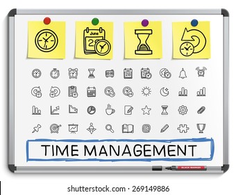 Time management hand drawing line icons. Vector doodle pictogram set: sketch sign illustration on white marker board with paper stickers: schedule, alarm, event, calendar, graphic, plan, date, bell.