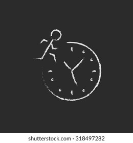 Manejo del tiempo dibujado en tiza sobre un icono blanco vectorial de pizarra aislado en un fondo negro.
