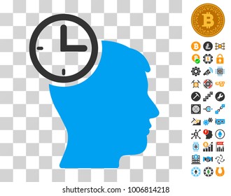 Time Management Head icon with bonus bitcoin mining and blockchain images. Vector illustration style is flat iconic symbols. Designed for crypto currency software.