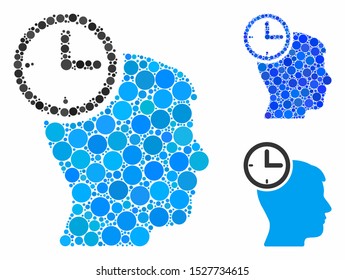 Time management head mosaic of filled circles in various sizes and color tinges, based on time management head icon. Vector filled circles are grouped into blue illustration.