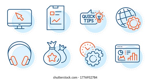 Time management, Headphones and Report document signs. Seo statistics, Loyalty points and Globe line icons set. Internet, Education idea symbols. Analytics chart, Money bags. Technology set. Vector