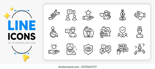 Time management, Hold heart and Escalator line icons set for app include Vaccine protection, Business choice, Man love outline thin icon. Doctor, Manager, Teamwork questions pictogram icon. Vector