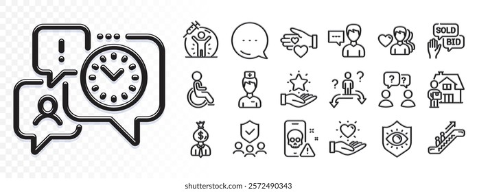 Time management, Hold heart and Escalator line icons for web app. Glare of light effect. Message icon. Pack of Vaccine protection, Business choice, Man love pictogram icons. Vector