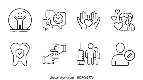 Time management, Hold heart and Medical vaccination line icons set. Recovered person, Couple and Click hands signs. Dental insurance, Edit user symbols. Quality line icons. Vector