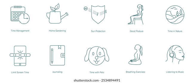 Gestión de tiempo, Jardinería en casa, Protección UV, Buena postura, Tiempo en Naturaleza, Tiempo de pantalla limitado, Diario, Tiempo con mascotas, Ejercicio de respiración, Escuchar música Vector Icon Set