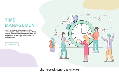 Time Management Horizontal Banner with Copy Space. Business People Stand at Big Watch in Office. Organization of Working Process. Men and Women Time Controling. Linear Cartoon Flat Vector Illustration