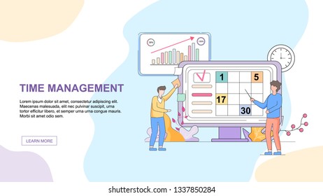 Time Management Horizontal Banner with Copy Space. Business Men with Pencil and Sticker Note at Marked Checklist on Task Board with Schedule. Work Organization Linear Cartoon Flat Vector Illustration.