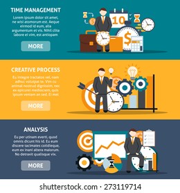 Time management horizontal banners set with creative process and analysis elements isolated vector illustration