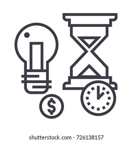 time management, hourglass, coin, timer vector line icon, sign, illustration on background, editable strokes