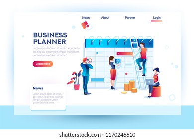 Time management. Hours planning and saving. Infographic, desktop control of calendar job. Target project schedule on desk concept with character and text. Flat isometric images, vector illustration.