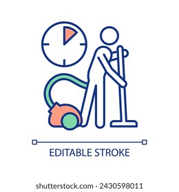 Time management for house cleaning RGB color icon. Housekeeping productivity. Household chore. Vacuum floor. Isolated vector illustration. Simple filled line drawing. Editable stroke. Arial font used