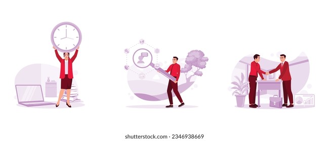 Time management. An HR is looking for a new employee. Business people are shaking hands with each other after getting the agreement. Human resources concept. Set Trend Modern vector flat illustration