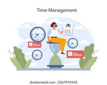Time management. Human resources manager soft skills. HR agent competencies and professional ethic. Personnel efficiency improvement, productive work time organization. Flat vector illustration