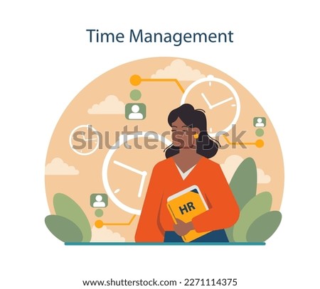 Time management. Human resources manager soft skills. HR agent competencies and professional ethic. Personnel efficiency improvement, productive work time organization. Flat vector illustration