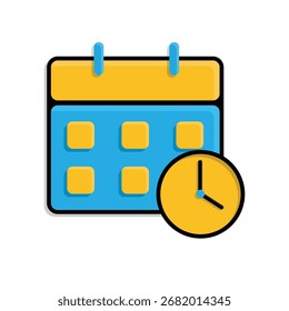 Symbol für die Zeitverwaltung. Management. Kalender mit Uhr in der unteren Ecke. Büro, Team, Analyse. Isometrischer Designstil.