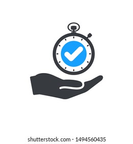 Time management icon with check sign, approved, confirm, done, tick, completed symbol. Hand holding stopwatch