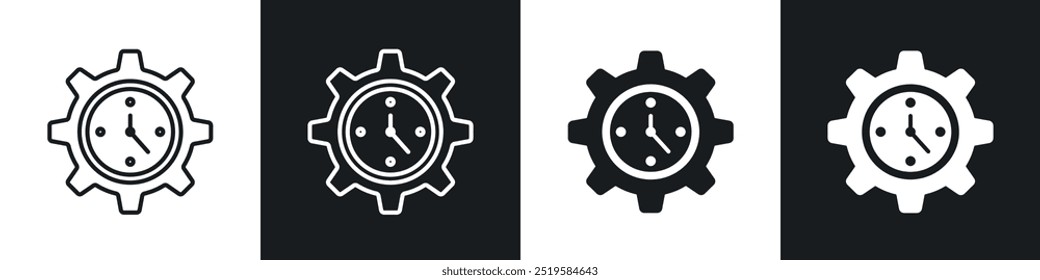 Time management icon collection in black and white filled and stroke line style.