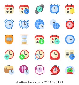 Colección de iconos de administración de tiempo, que incluye reloj, calendario, plan, evento, reloj, empresa, fecha límite y más.